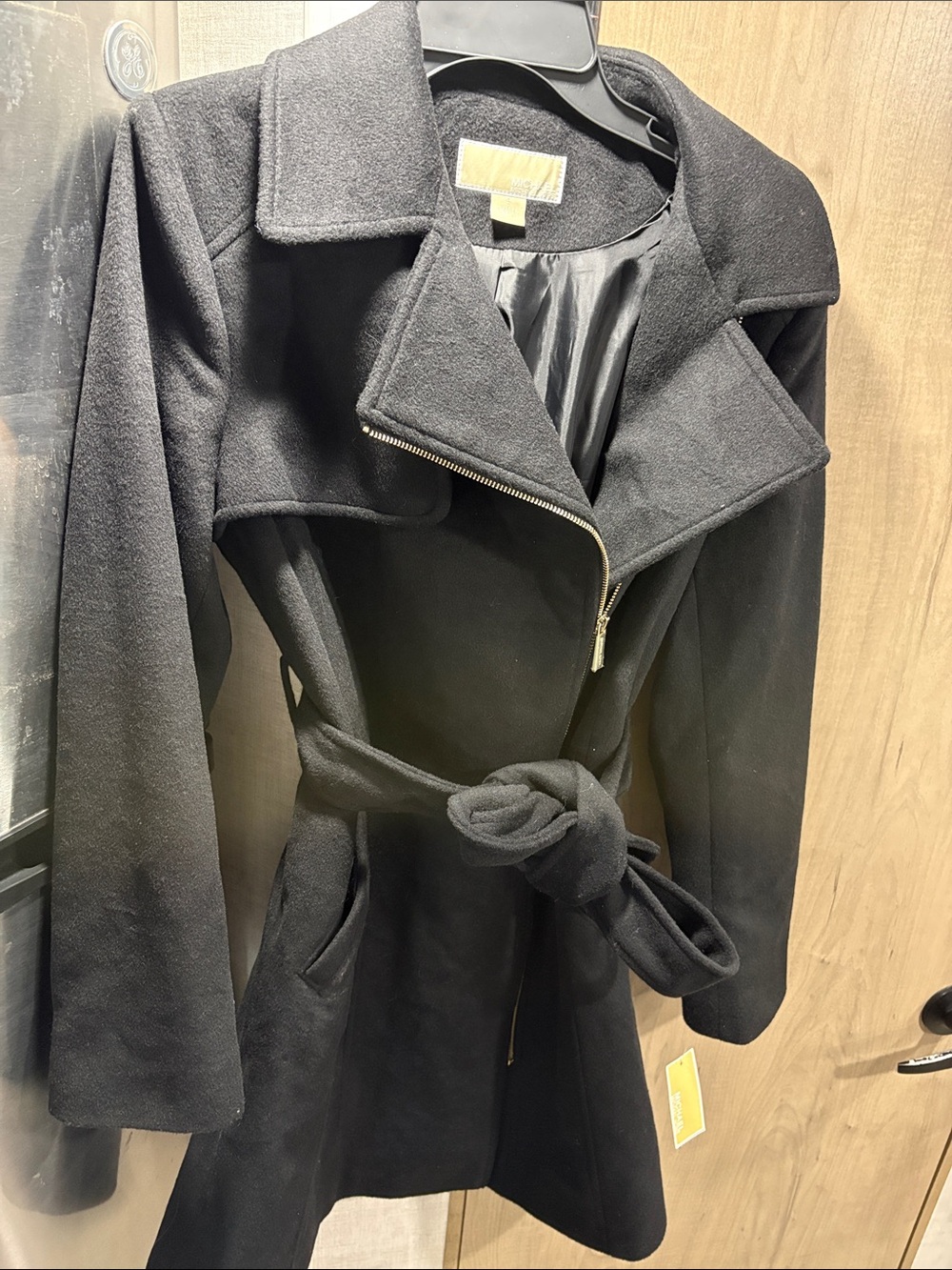 Michael Kors Black Belted Trench Coat with Asymmetrical Zip